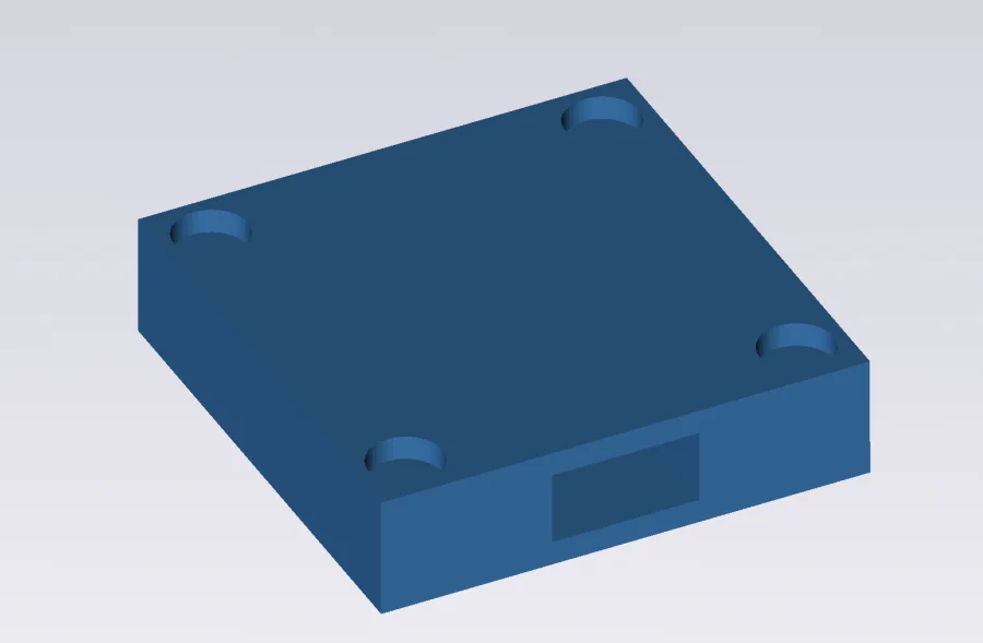 The starting part: a solid square plate with four mounting holes.