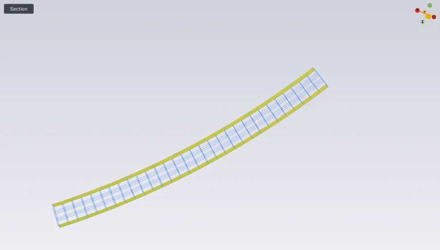 A curved shell filled with a cell grid that follows its surface rather than a global axis.
