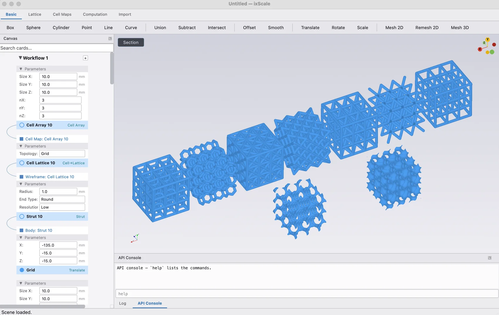 The ixScale window: a workflow of lattice cards on the left, and a row of unit cells — grid, octet, X and TPMS surfaces — in the 3D view.