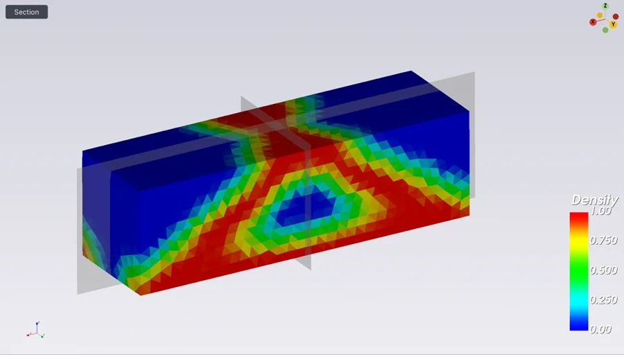 A beam colored by optimized density, red where material is needed and blue where it is not.